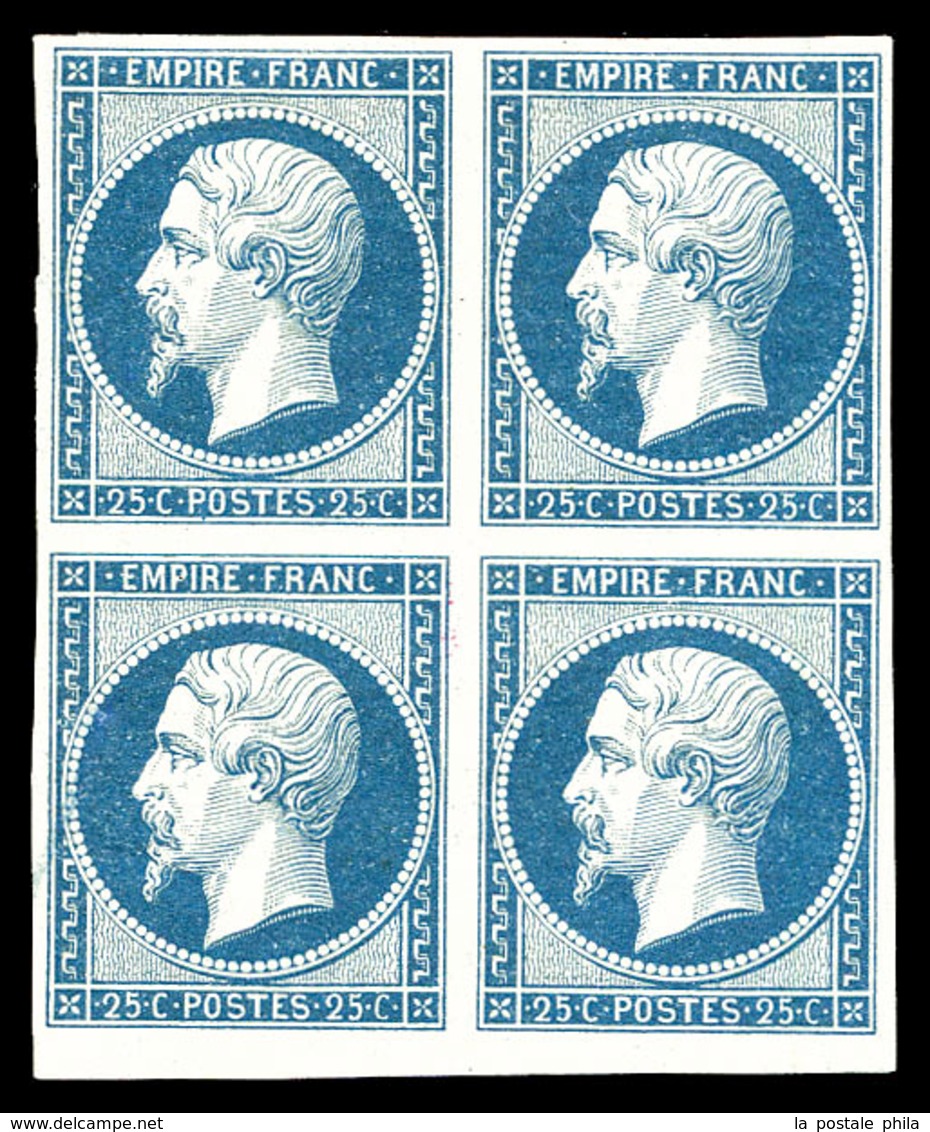 ** N°15, 25c Bleu En Bloc De Quatre (2ex*), Petit Bord De Feuille, Fraîcheur Postale. SUPERBE. R.R.R. (signé Brun/Calves - 1853-1860 Napoléon III