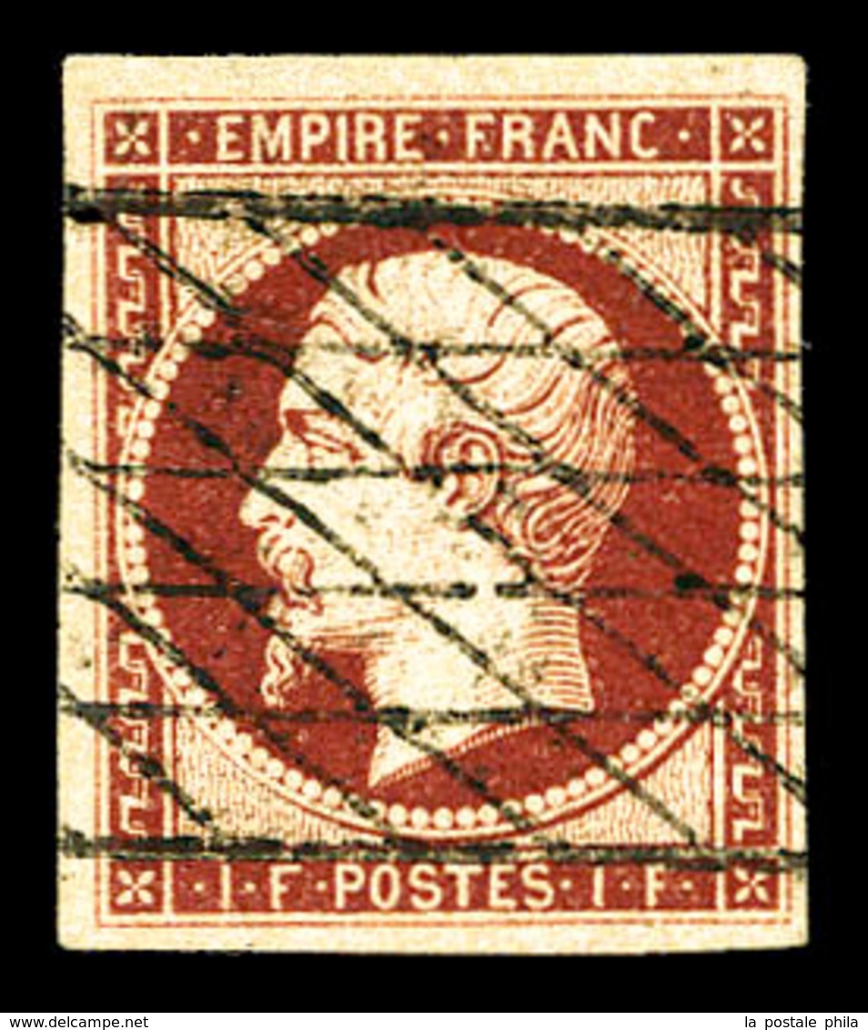 O N°18a, 1F Carmin Foncé Oblitération Grille Sans Fin, Infime Point Vermiculaire. TTB (signé Scheller/certificat)  Quali - 1853-1860 Napoléon III