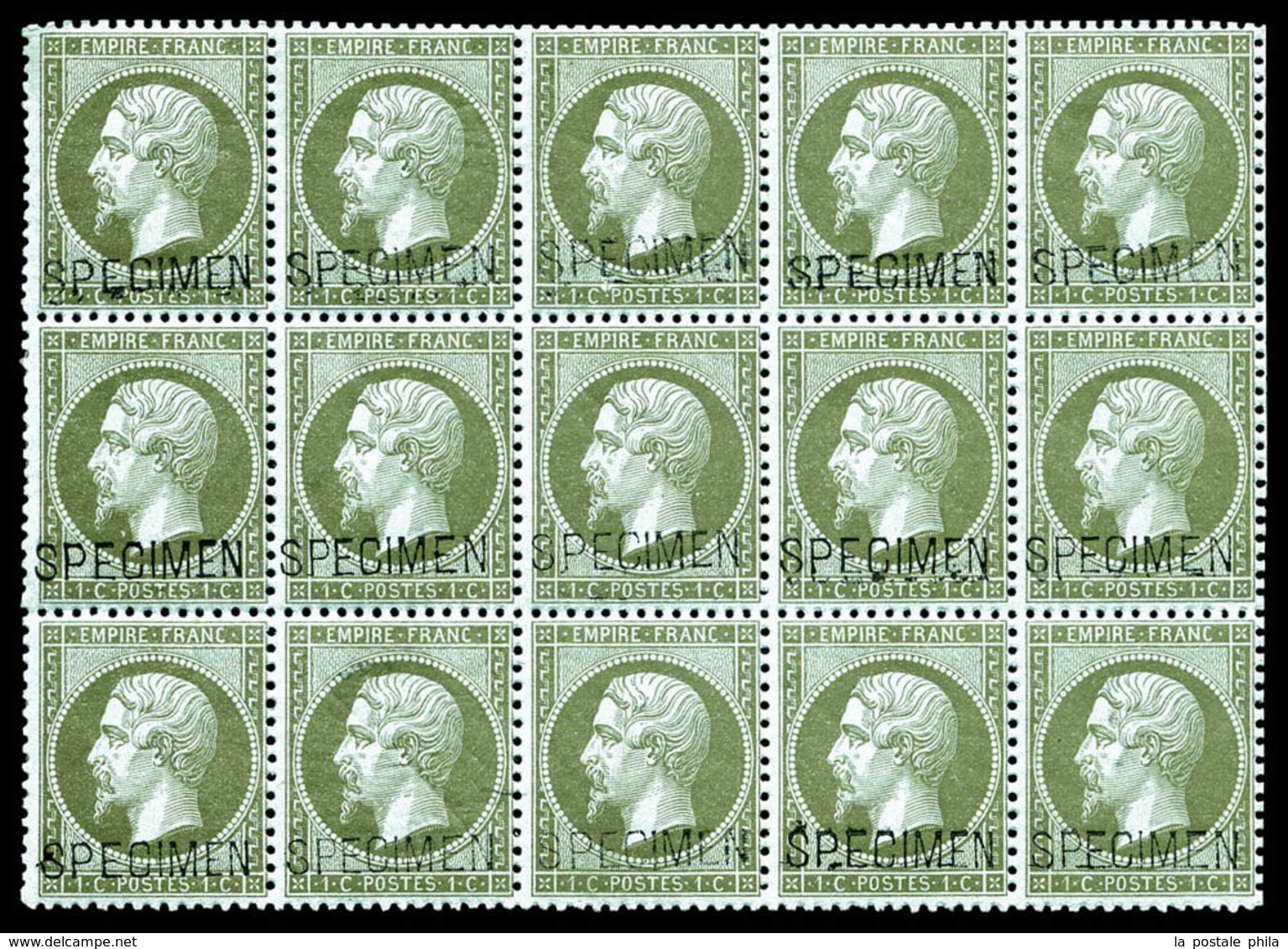** N°19f, 1c Vert-olive Surchargé 'SPECIMEN' En Bloc De 15 Exemplaires (3ex*), Fraîcheur Postale. SUPERBE. R.R. (certifi - 1862 Napoléon III