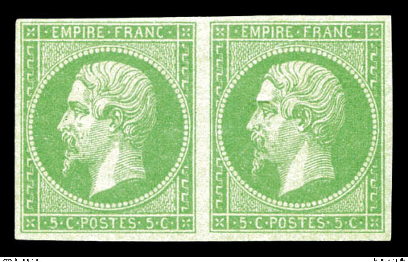 ** N°20, 5c Vert-jaune NON DENTELE ACCIDENTEL En Paire Quasi **. SUPERBE. R.R. (signé Scheller/certificats)  Qualité: ** - 1862 Napoléon III