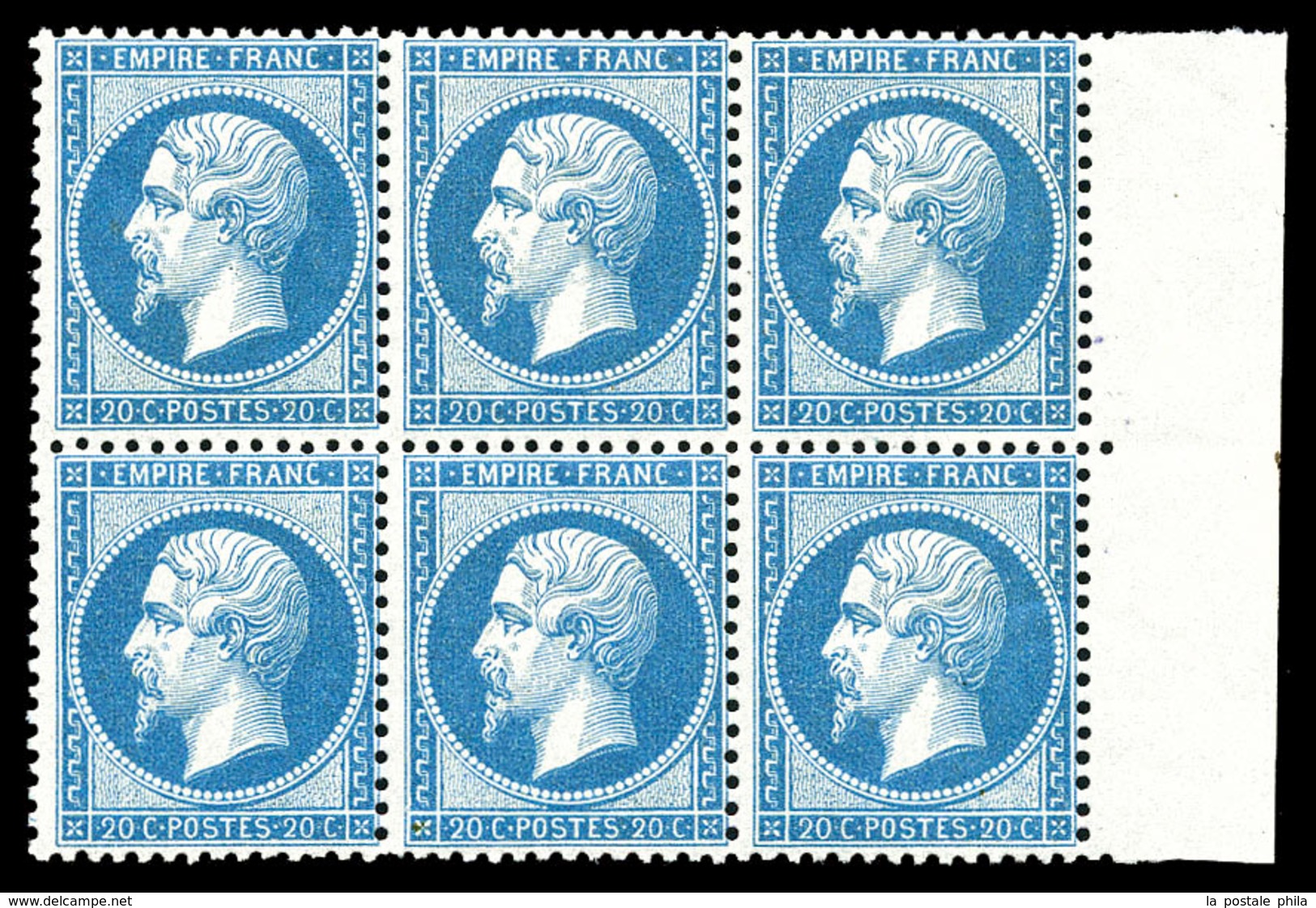 ** N°22, 20c Bleu, Bloc De 6 Exemplaires Bord De Feuille, Fraîcheur Postale. SUPERBE. R. (certificat)  Qualité: ** - 1862 Napoléon III