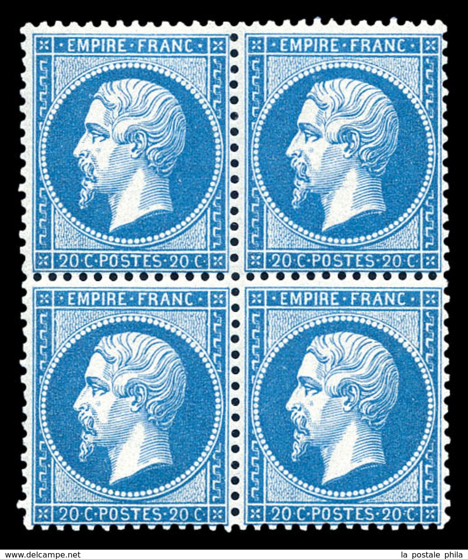 ** N°22, 20c Bleu En Bloc De Quatre (1ex*), Fraîcheur Postale. SUP (signé Brun/certificats)  Qualité: ** - 1862 Napoléon III