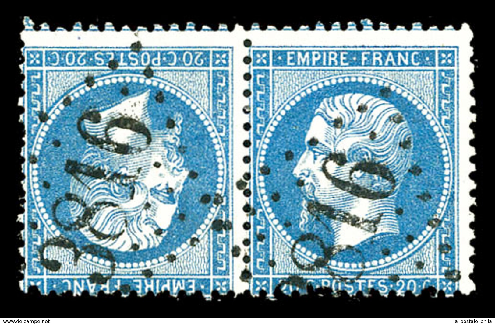 O N°22b, Empire, 20c Bleu En Paire Tête-bêche Obl GC '3816'. TTB (signé Scheller/certificat)  Qualité: O  Cote: 1400 Eur - 1862 Napoleon III