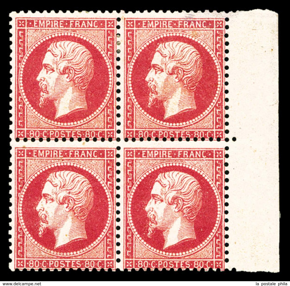 ** N°24, 80c Rose En Bloc De Quatre Bord De Feuille Latéral (2ex*), Fraîcheur Postale. SUP. R. (signé Calves/certificats - 1862 Napoléon III