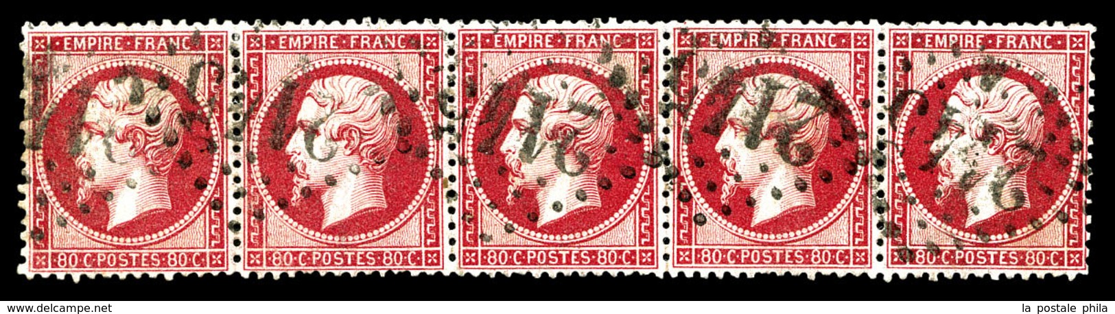 O N°24a, 80c Rose-foncé, Bande De Cinq. TTB (certificat)  Qualité: O  Cote: 700 Euros - 1862 Napoleon III