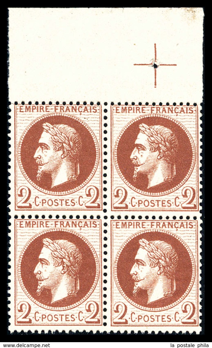 ** N°26Ba, 2c Rouge-brun Foncé Type II, Bloc De Quatre Bdf Avec Croix De Repère. TTB (certificat)  Qualité: ** - 1863-1870 Napoleon III With Laurels