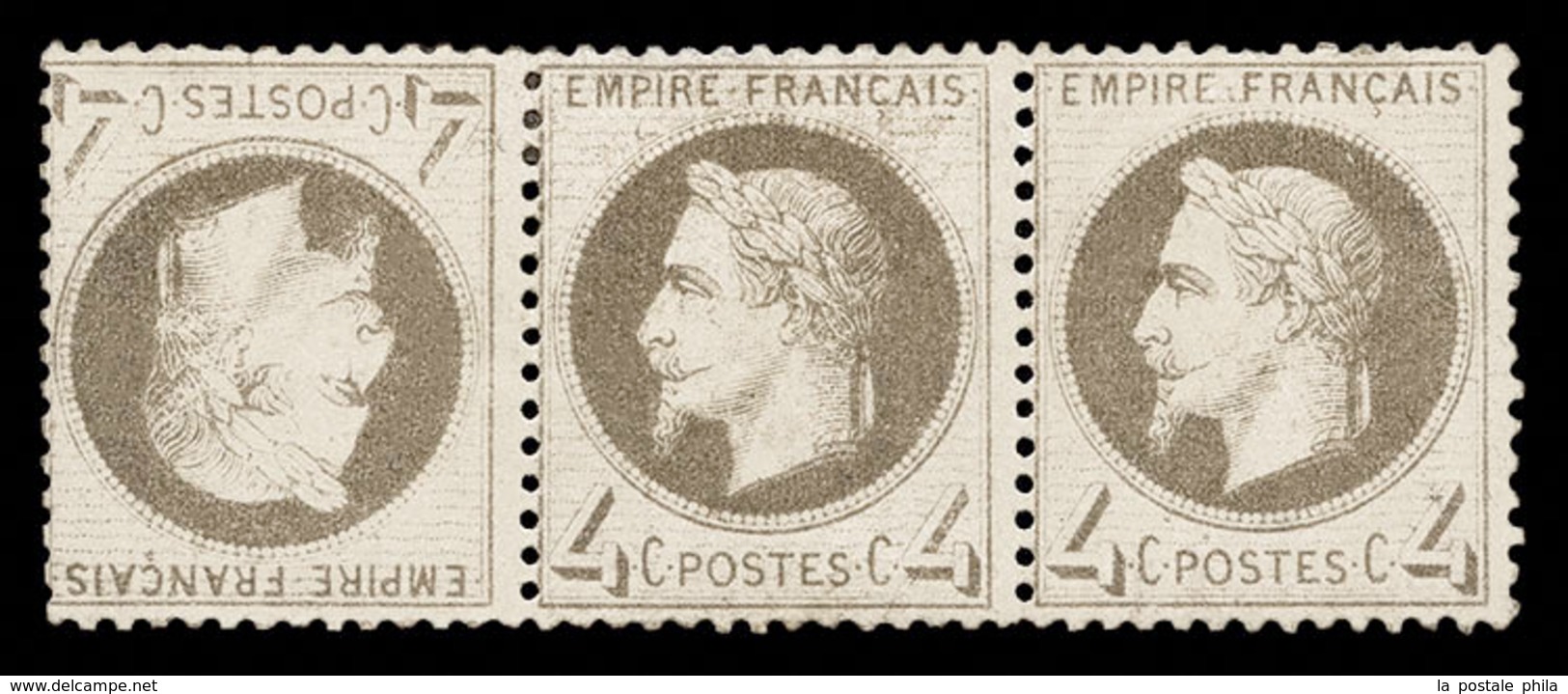 * N°27B, 4c Gris, TÊTE BÊCHE Tenant à 2 Normaux Dans Une Bande De Trois, Jolie Pièce, RARE (signé Brun/certificat)   Qua - 1863-1870 Napoléon III Lauré