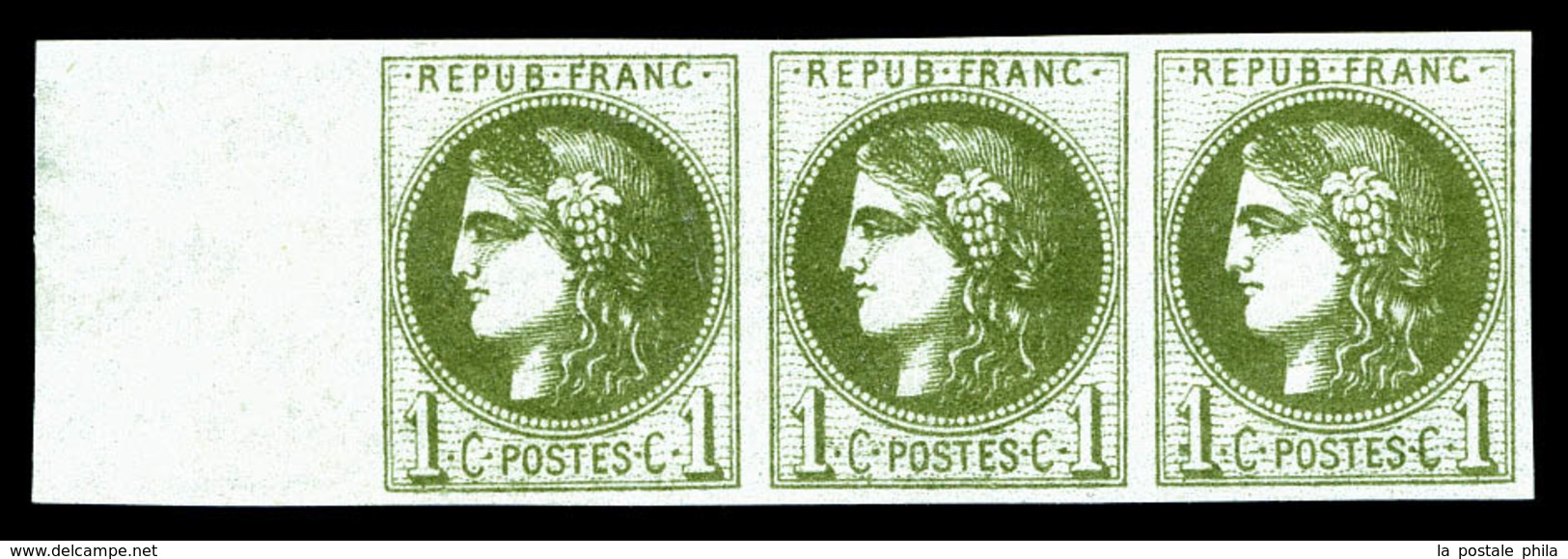 ** N°39A, 1c Olive Report 1, Bde De 3 Bdf (1ex*), Fraîcheur Postale, SUP (signé Calves/certificats)  Qualité: ** - 1870 Bordeaux Printing
