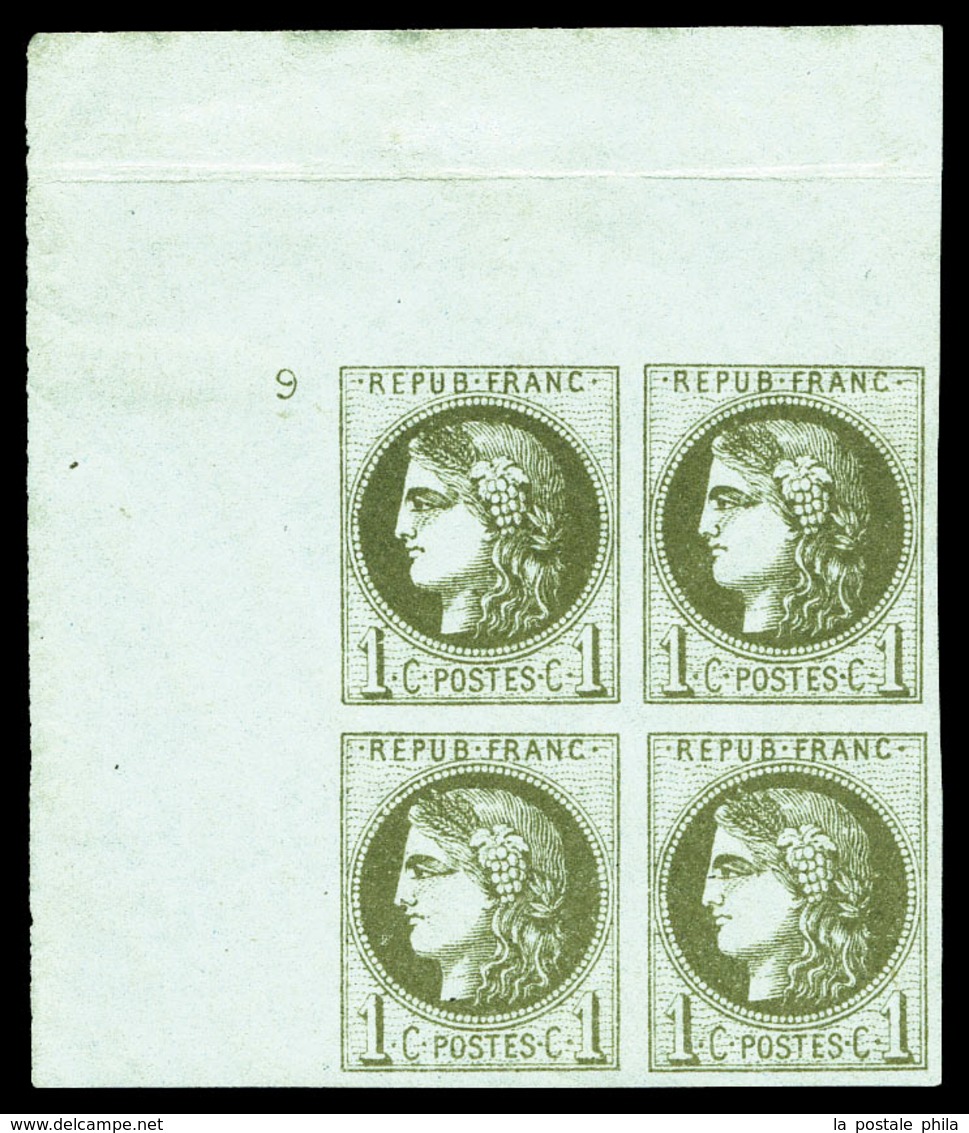 ** N°39C, 1c Olive Report 3 En Bloc De Quatre Coin De Feuille Intégral (2ex*), Avec Petit Chiffre '9' En Marge. SUPERBE. - 1870 Ausgabe Bordeaux