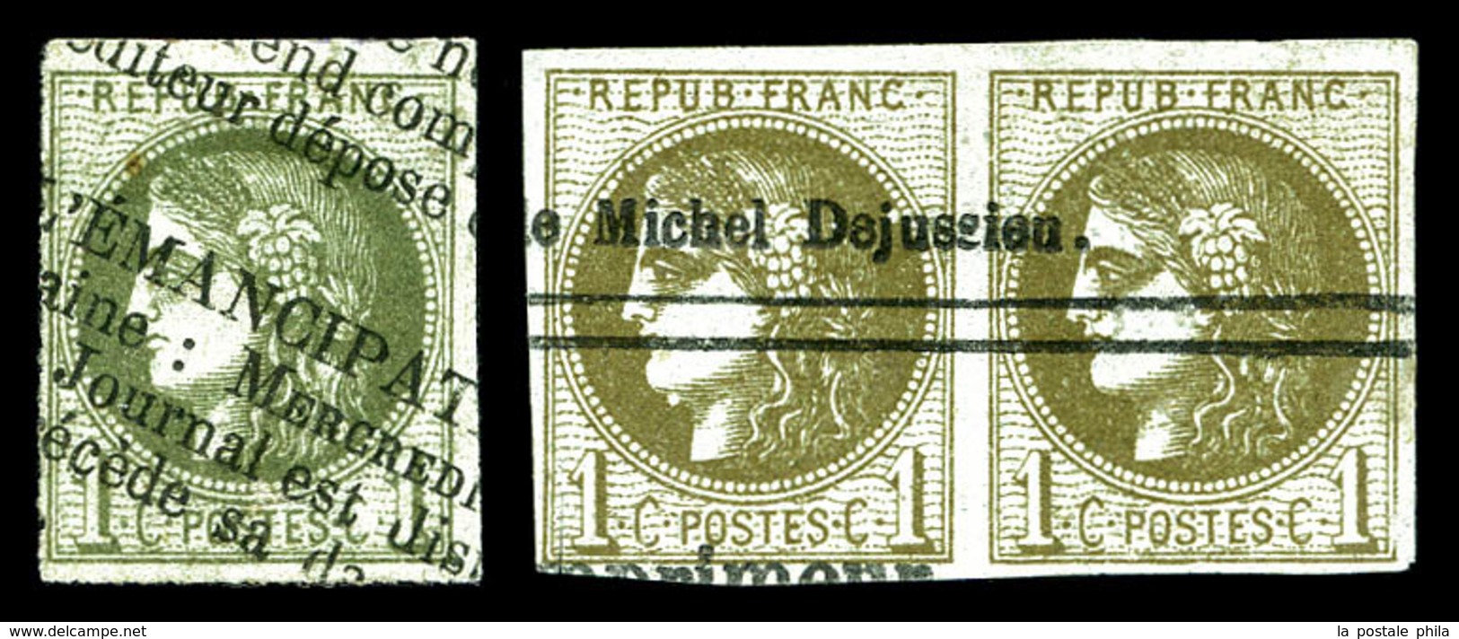 O N°39C, 1c Olive Report 3 Obl Typo Des Journaux: 1ex + Paire Horizontale. B  Qualité: O  Cote: 825 Euros - 1870 Bordeaux Printing