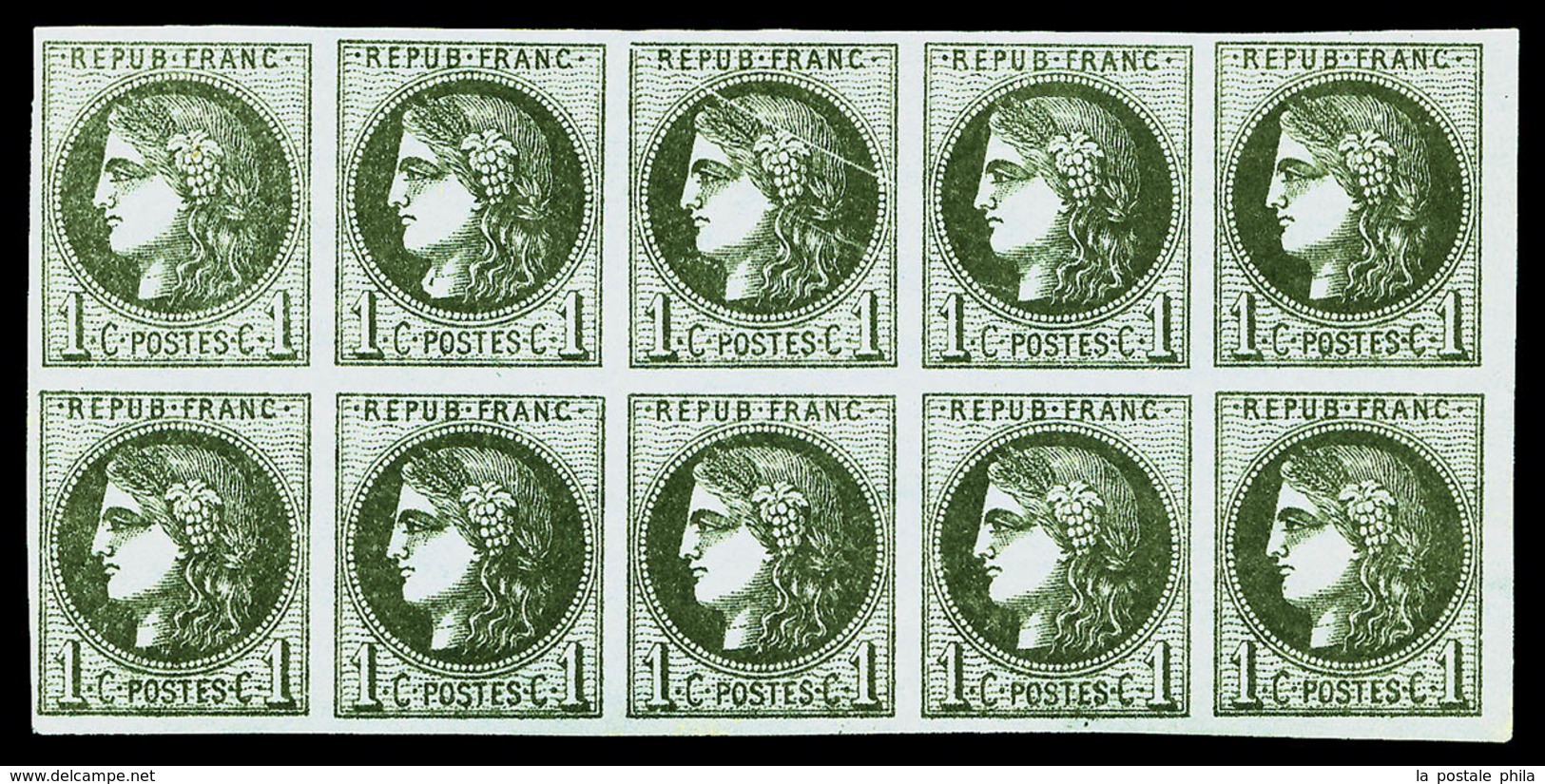 ** N°39Cb, 1c Olive Foncé Report 3 En Bloc De 10 (2ex*), Variété 'timbre Strié' Tenant à Normaux (case 3), FRAÎCHEUR POS - 1870 Ausgabe Bordeaux