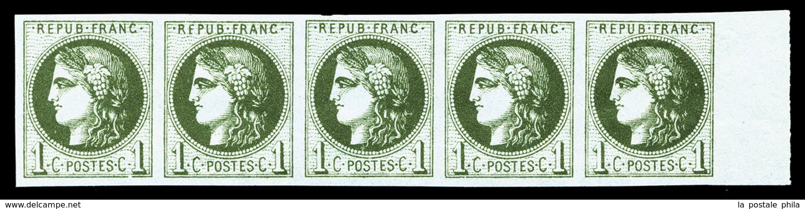 ** N°39Cb, 1c OLIVE FONCE Report 3, En Bande De Cinq Bord De Feuille Latéral, FRAÎCHEUR POSTALE, SUPERBE (certificat)  Q - 1870 Ausgabe Bordeaux