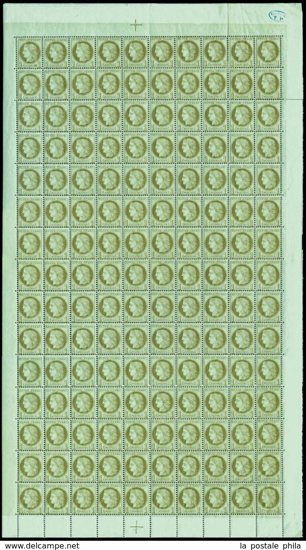** N°50a, 1c Vert-bronze, Feuille Complète De 150 Exemplaires (2ex*) Avec Croix De Repère (haute Et Basse) Et Cachet De  - 1871-1875 Cérès