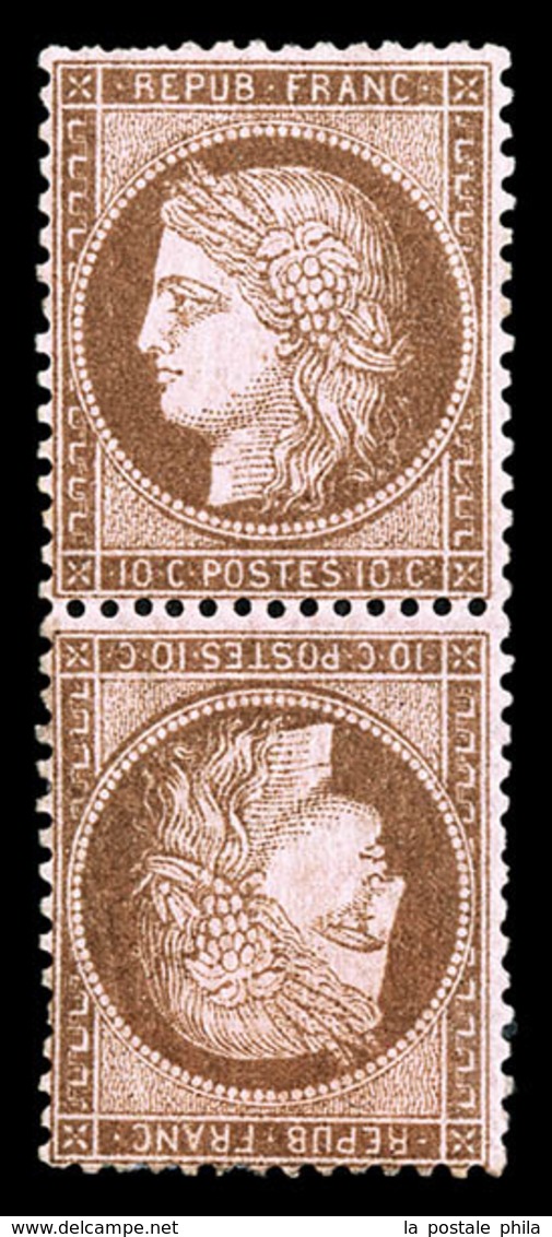 * N°58c, 10c Brun Sur Rose En Paire Tête-bêche Verticale, Deux Dents Courtes, Très Frais, Rare (signé Calves/certificat) - 1871-1875 Ceres