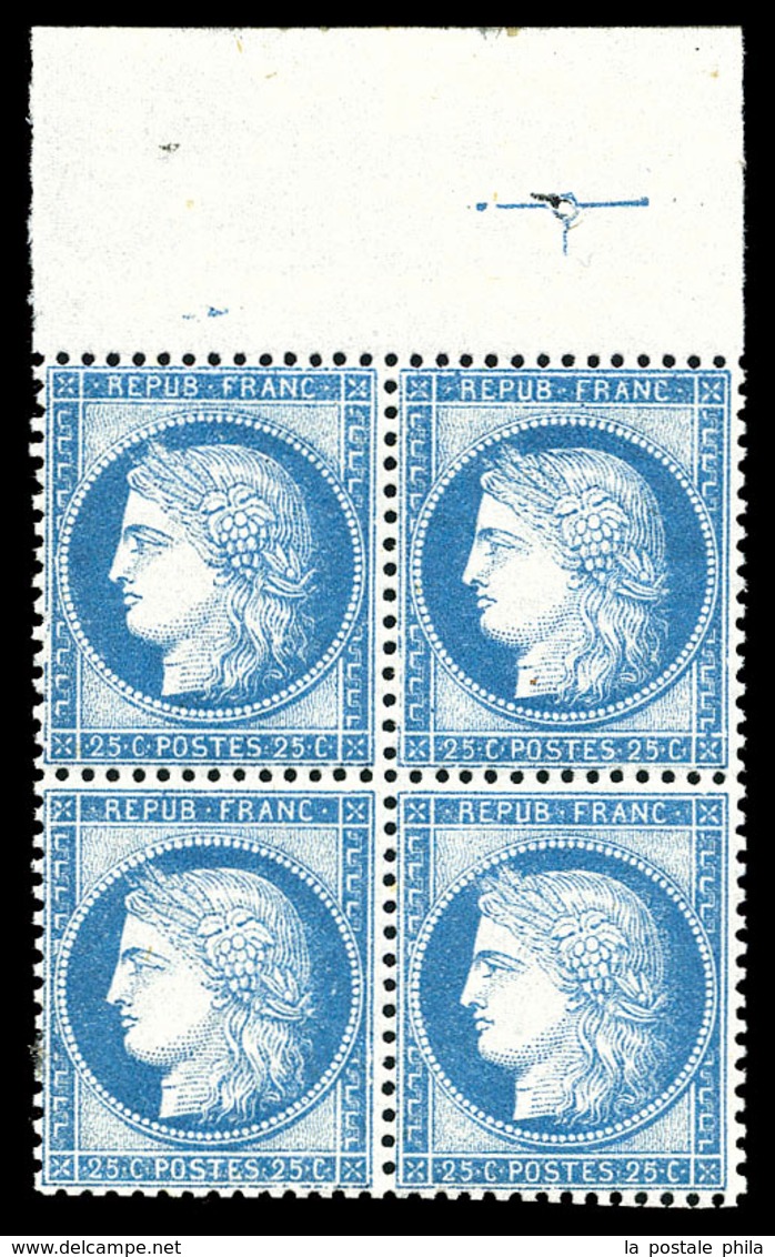 ** N°60, 25c Bleu En Bloc De Quatre Bord De Feuille Avec Croix De Repère, Fraîcheur Postale, Très Bon Centrage. SUPERBE  - 1871-1875 Cérès