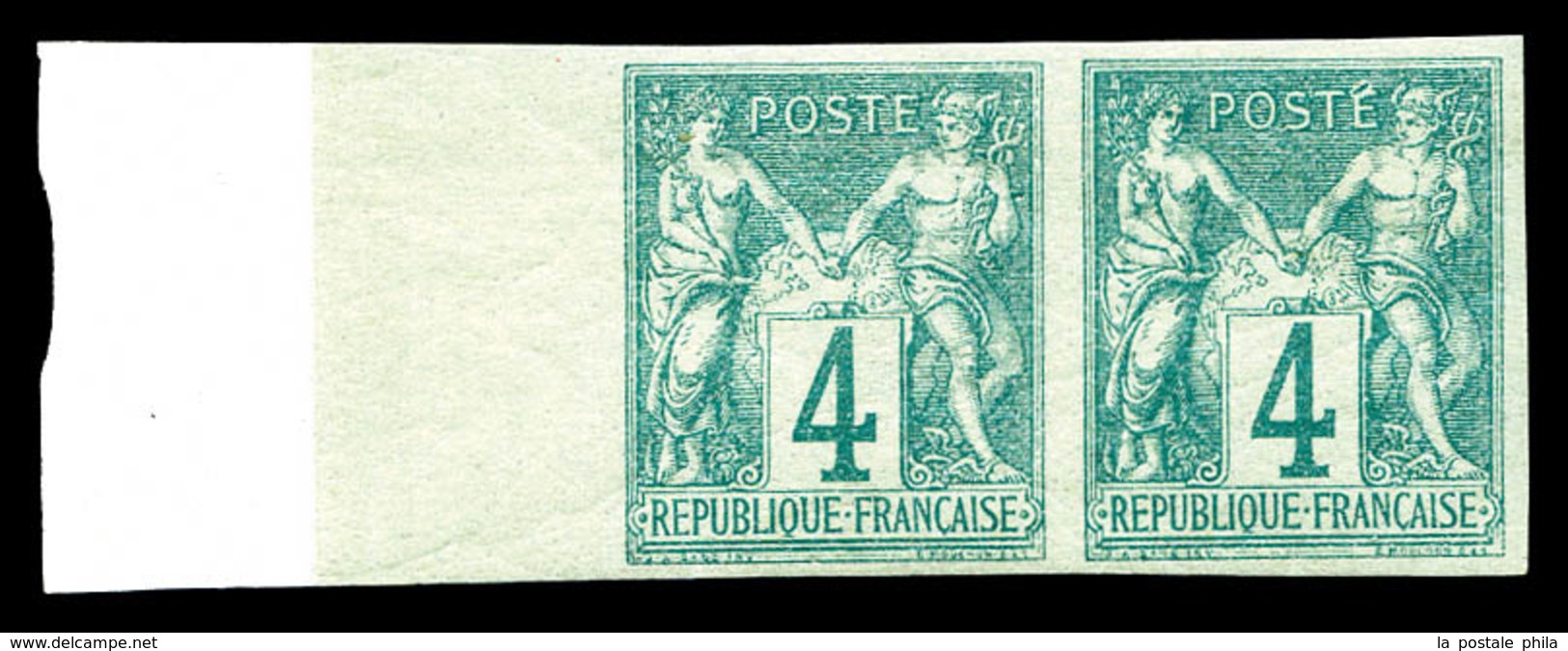 ** N°63a, 4c Vert Non Dentelé En Paire (1ex*), Bord De Feuille Intégral Avec Fond De Sûreté, Fraîcheur Postale. SUP (sig - 1876-1878 Sage (Type I)