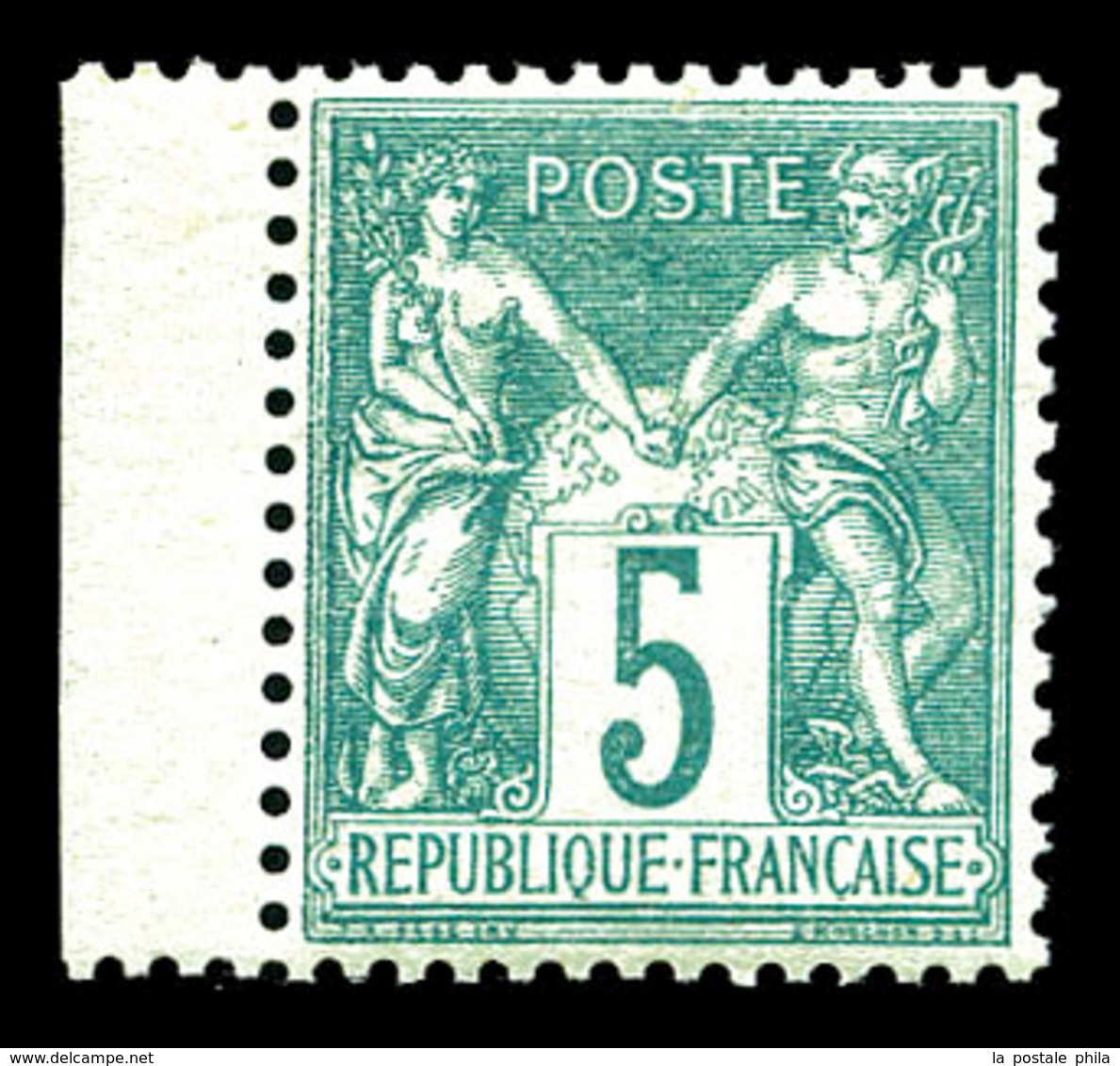 ** N°64, 5c Vert Type I, Bord De Feuille Latéral Gauche, Fraîcheur Postale, Très Bon Centrage. SUPERBE (signé Brun/Calve - 1876-1878 Sage (Type I)