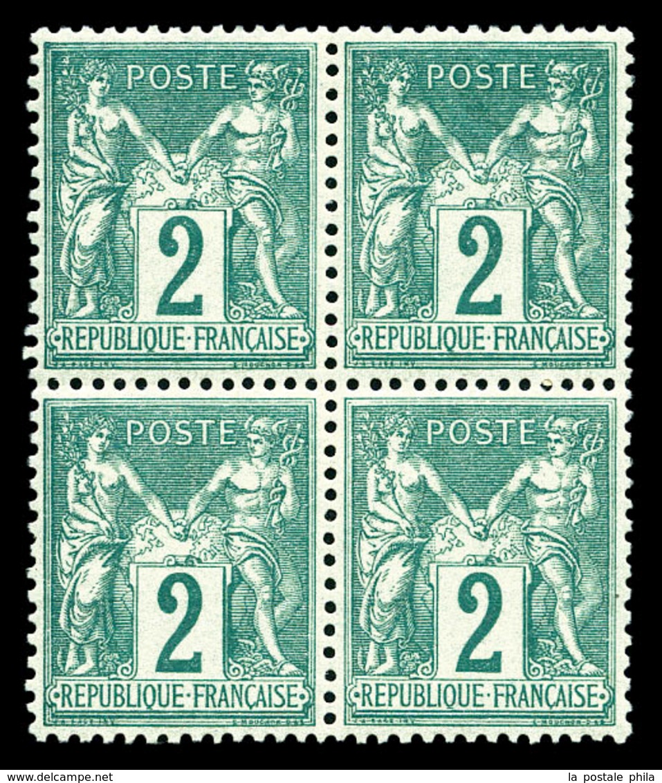 ** N°74, 2c Vert Type II En Bloc De Quatre, Fraîcheur Postale, Très Bon Centrage. SUP (signé Brun/certificat)  Qualité:  - 1876-1878 Sage (Type I)