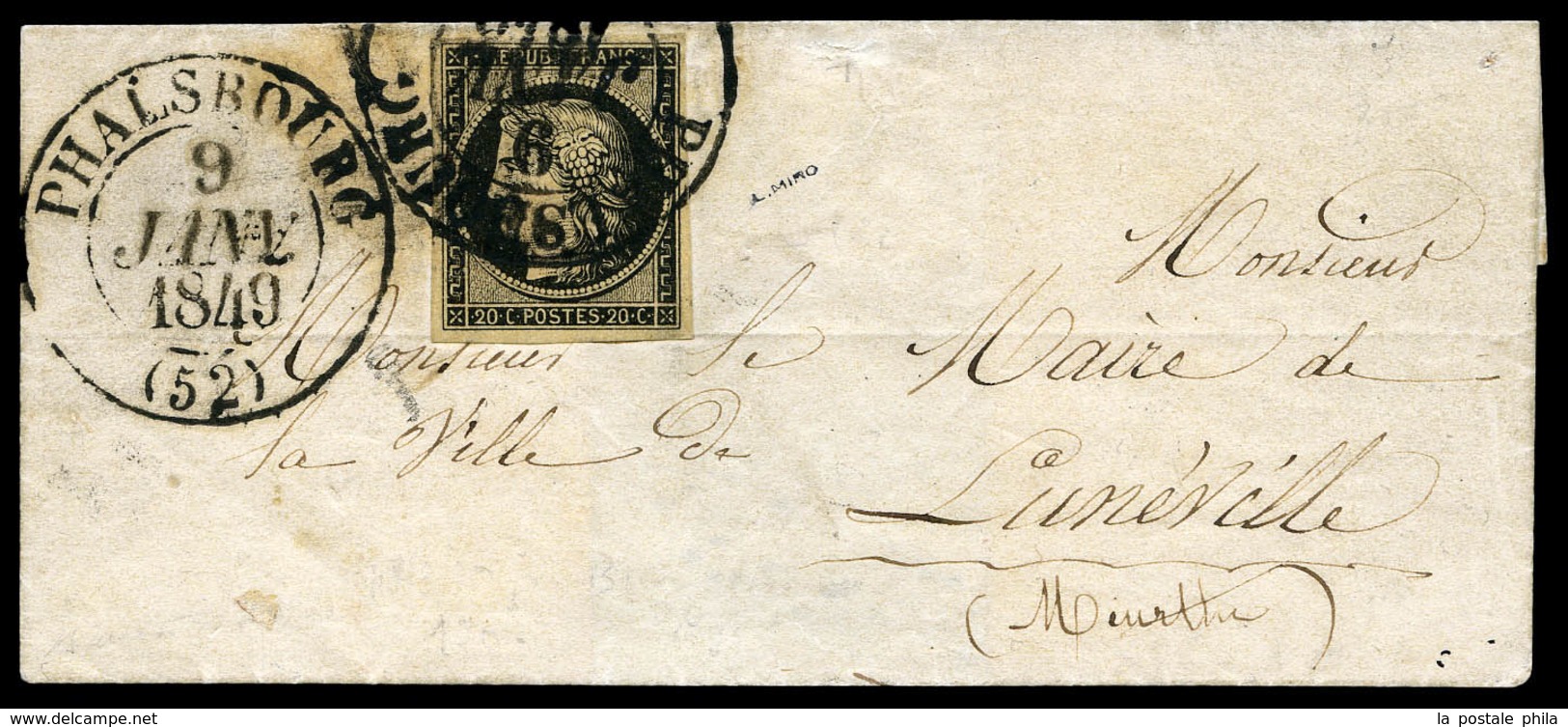 O N°3, 20c Noir Obl Grand Cachet Type 13 De Phalsbourg Le 9 Janvier 1849 Sur Petite Lettre. SUPERBE. R.R.R. (signé Brun/ - 1849-1876: Classic Period