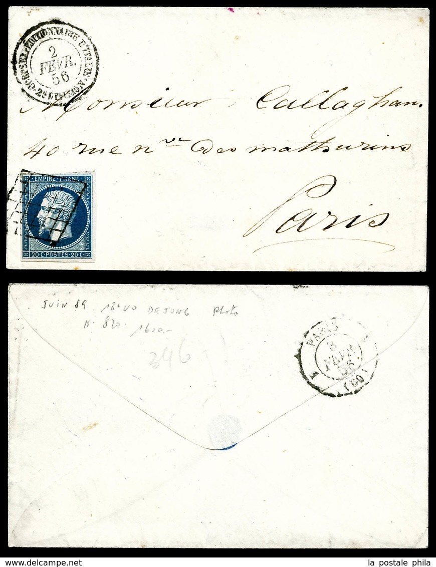 O N°14A, 20c Bleu Obl Grille + Càd Corp Exp D'Italie/2e Division Sur Lettre Du 2 Fev 56 Pour Paris. TTB (certificat)  Qu - 1849-1876: Classic Period