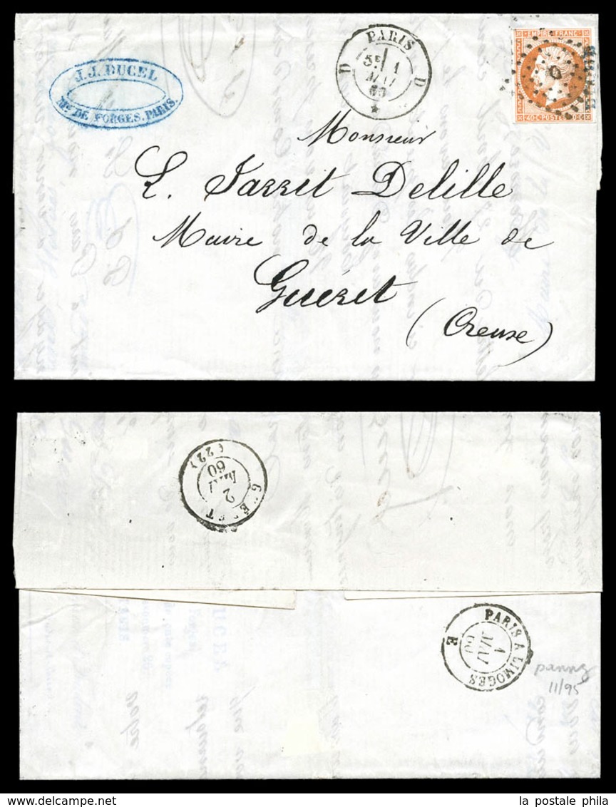 O N°16, 40c Orange Sur Lettre Postée à Paris Par La Firme Durcel Avec Cachet Bleu 'DURCEL' Sur Le Timbre Afin D'empêcher - 1849-1876: Classic Period