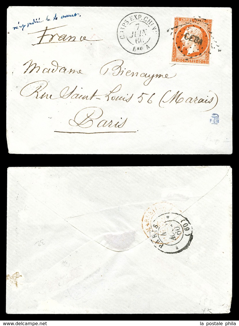 O N°16, 40c Empire Obl Losange 'CECA' + Càd CORPS EXP CHINE/Bau A. Du 7 Juin 1860 Pour Paris. SUP. R. (certificats)  Qua - 1849-1876: Klassieke Periode