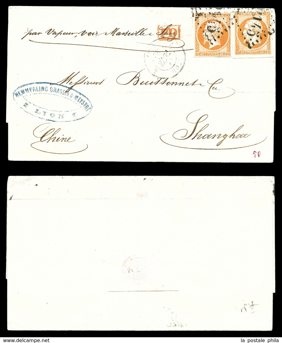 O N°16, 40c Empire, 2 Exemplaires Sur Lettre De Lyon Le 11 Fev 1863 à Destination De SHANGHAI (via Hong Kong), Reçue Le  - 1849-1876: Classic Period