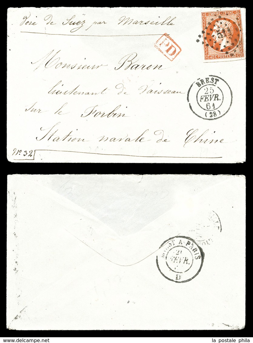 O N°16, 40c Empire Sur Lettre De Brest Le 25 Fev 1861 Pour Un Lieutenant De Vaisseau Sur Le 'FORBIN', Station Navale De  - 1849-1876: Klassieke Periode