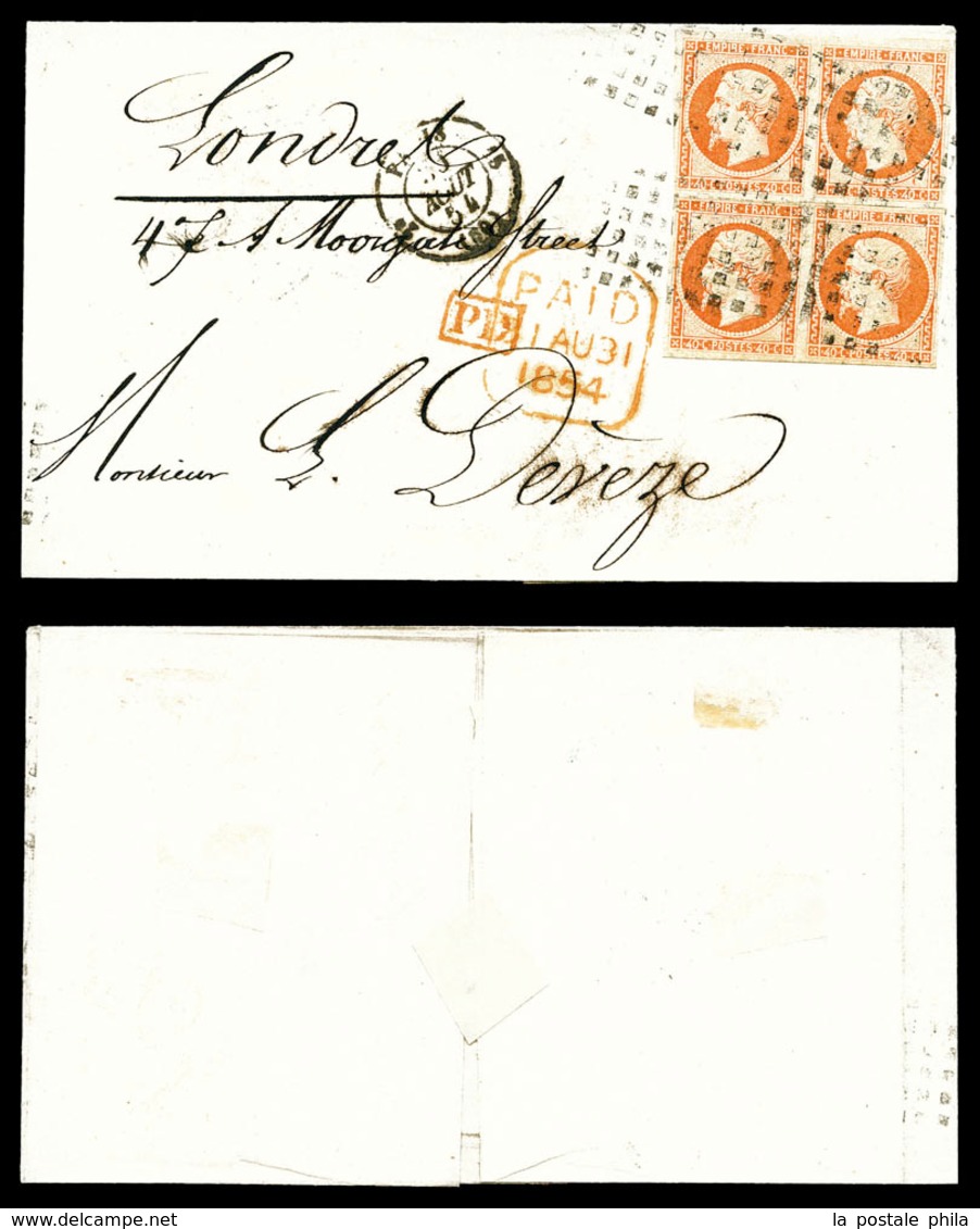 O N°16, 40c Empire, 2 Paires Obl Gros Points Sur Lettre En Double Port Au Départ De Paris Le 30 Août 1854 à Destination  - 1849-1876: Classic Period