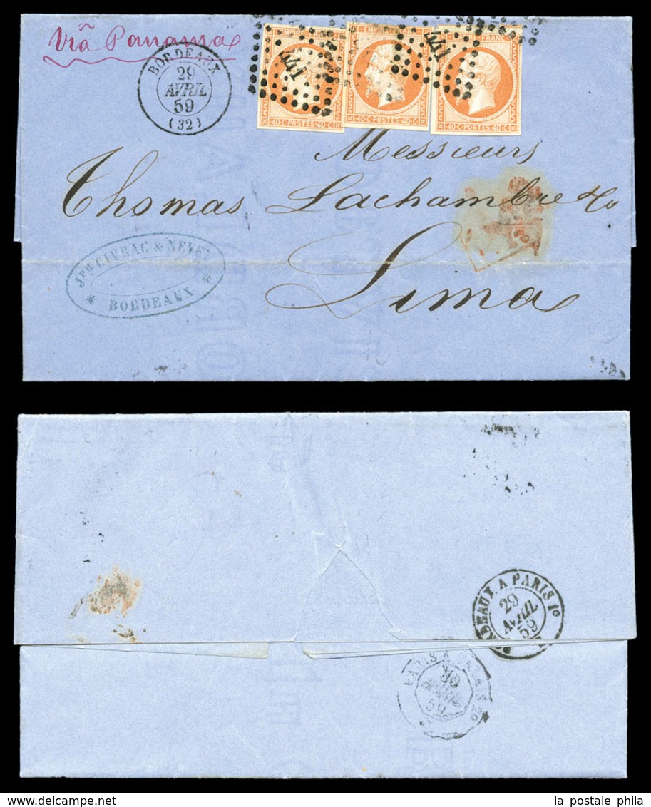 O N°16, 40c Empire, 3 Exemplaires Sur Lettre De Bordeaux Le 29 Avril 1859 à Destination De LIMA, Arrivée Le 10 Juin 1859 - 1849-1876: Klassieke Periode