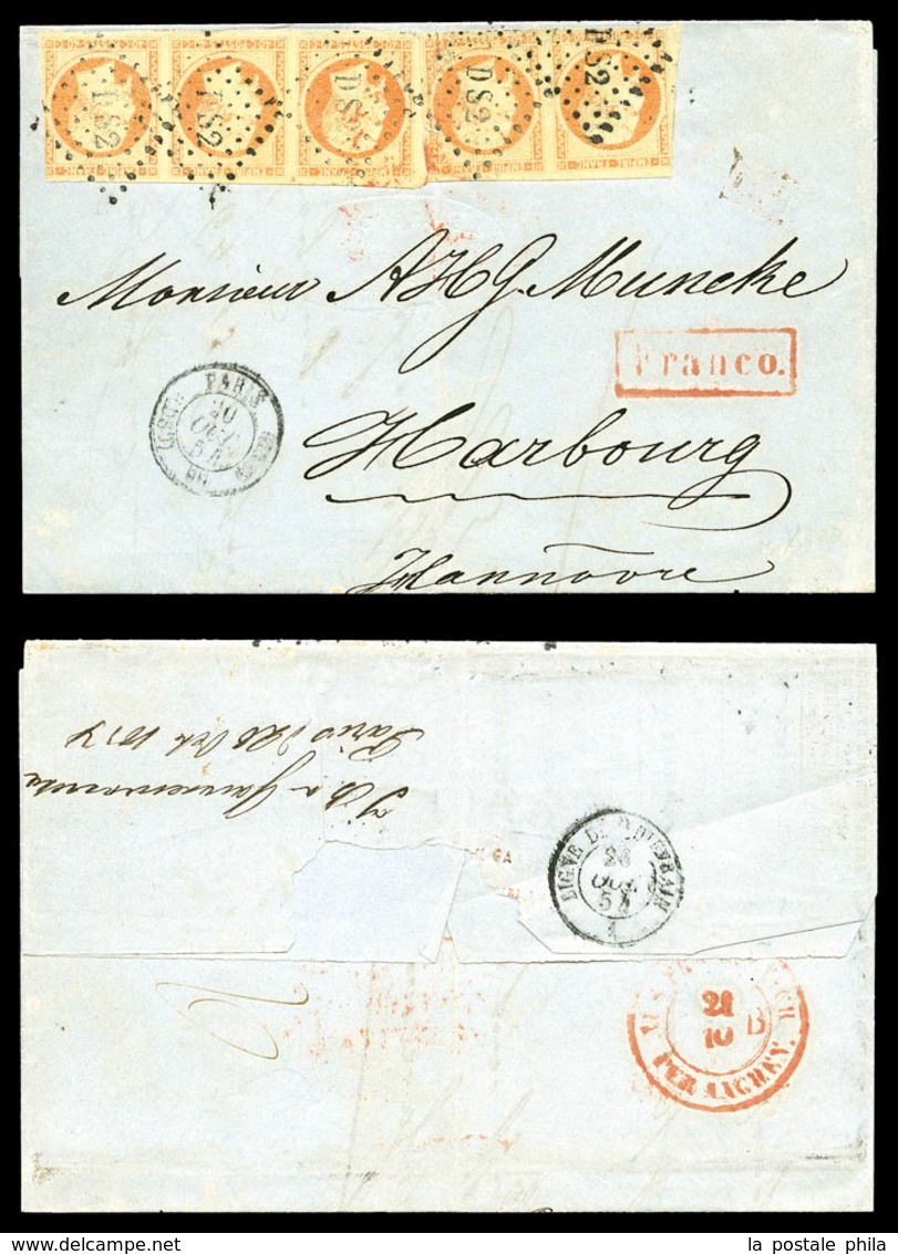 O N°16, 40c Empire, 5 Exemplaires (paire + Bde De 3), Sur Lettre Quadruple Port De Paris Le 20 Oct 54 à Destination De H - 1849-1876: Klassieke Periode