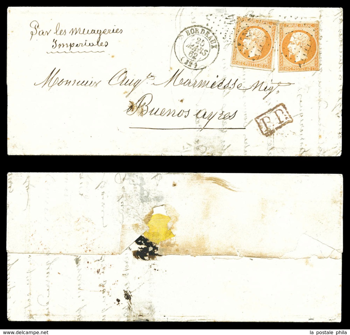 O N°16, 40c Empire, 2 Exemplaires Sur Lettre De Bordeaux Le 25 Mars 1862 Pour BUENOS AYRES. (certificat)  Qualité: O - 1849-1876: Classic Period