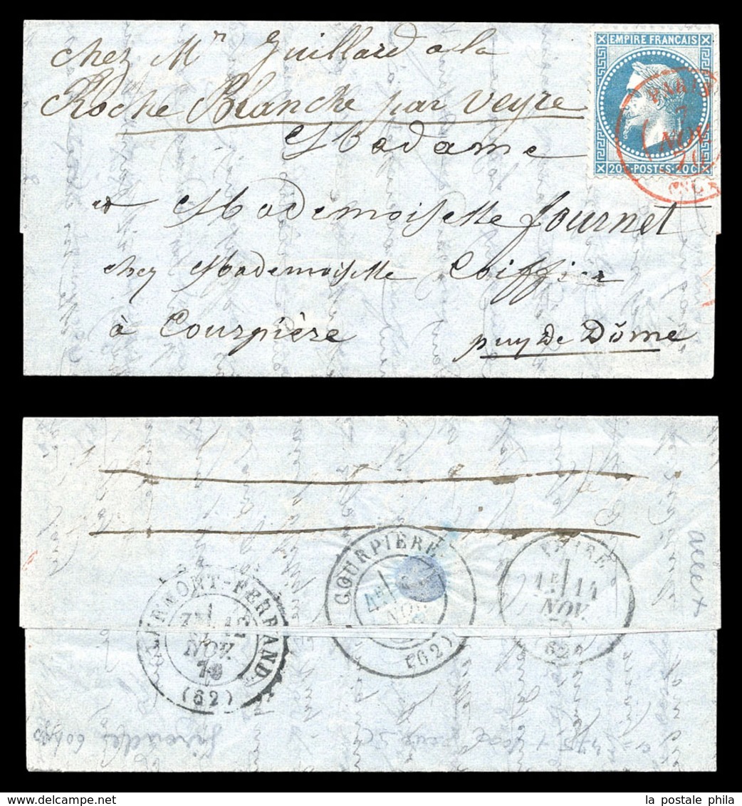 O LA GIRONDE', 20c Lauré Obl Càd Paris 'SC' Du 7 Nov 70 Sur Lettre Avec Cachet D'arrivée à Courpiere. Réexpédiée à Veyre - Oorlog 1870