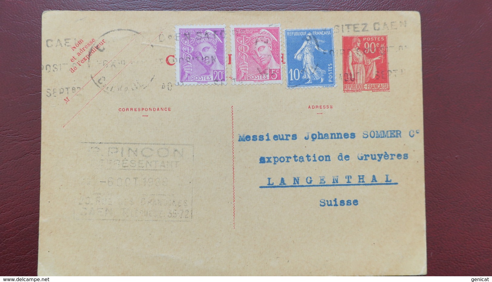 Entier Postal Paix 90 Ct Complément Semeuse Et Mercure Caen 1939 Pour La Suisse - Cartes Postales Types Et TSC (avant 1995)