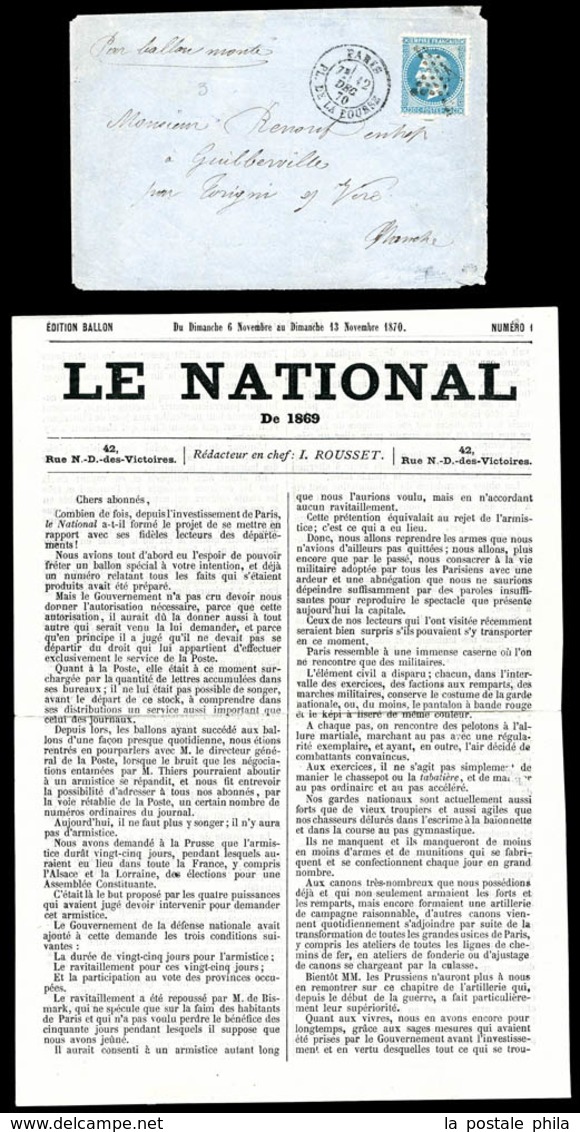 O Journal LE NATIONAL N°1, Sous Enveloppe De Paris Le 12 Decembre 1870 Par Le Ville De Paris Avec 20c Lauré Pour La Manc - Oorlog 1870