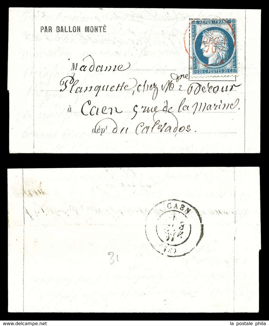 O LE BAYARD', 20c Siège Obl Paris 'SC' Rouge Du 27 Dec 1870 à Destination De Caen, Arrivée Le 3 Janv 71. TTB (certificat - Oorlog 1870