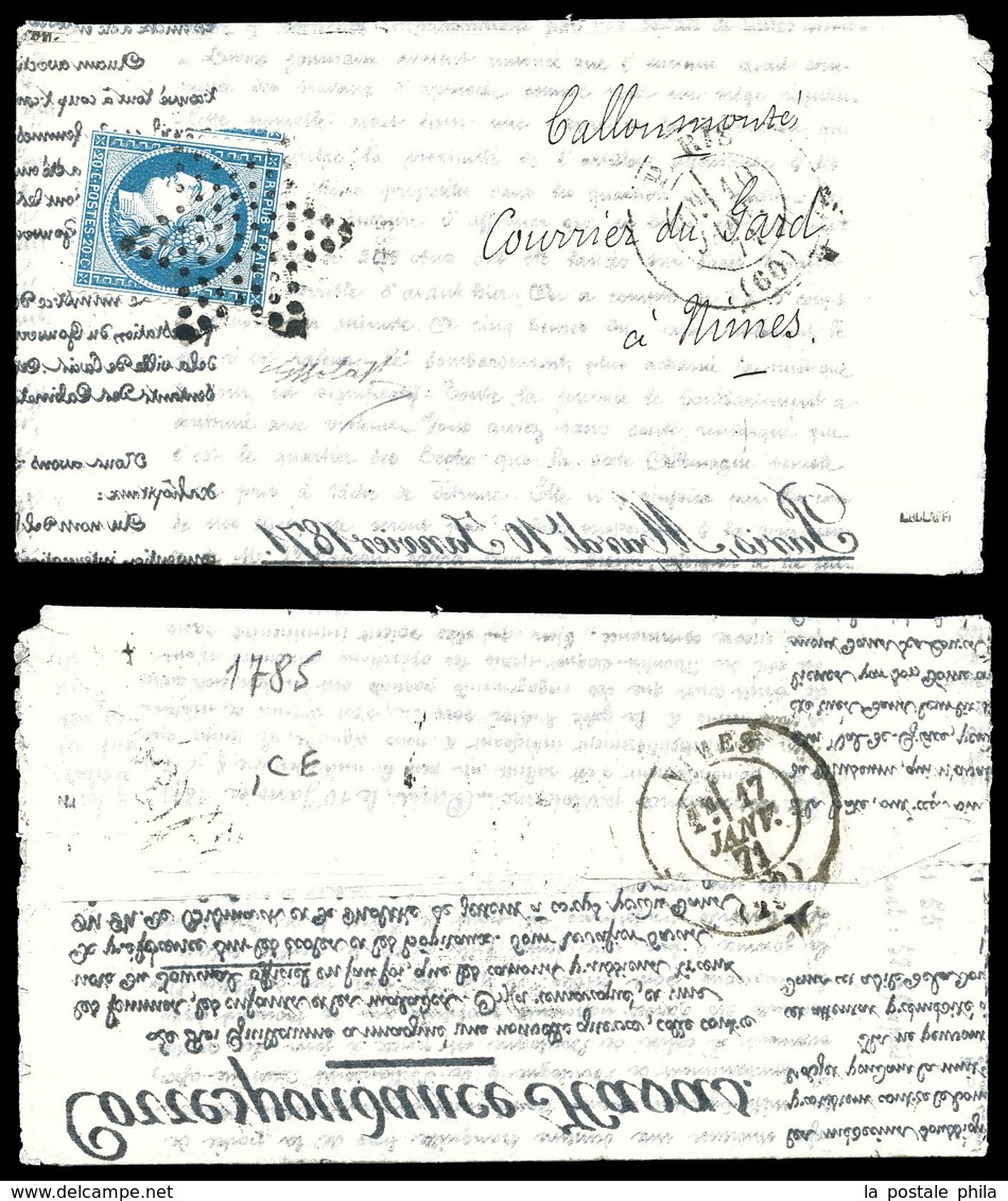 O Correspondance Havas, 20c Siège Obl étoile Et Càd De Paris Le 10 Janvier 1871, Arrivée à Nîmes Le 17 Janv 1871. SUP (s - Oorlog 1870