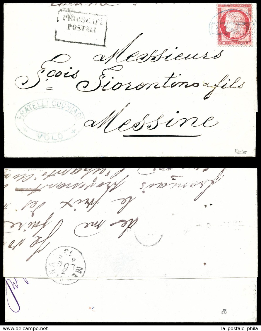 O Cérès 80c Rose (N°57) Oblitéré Du Cachet Ovale Des Messageries Maritimes En Bleu + Griffe Encadrée PIROSCAFI/POSTALI S - 1849-1876: Periodo Clásico