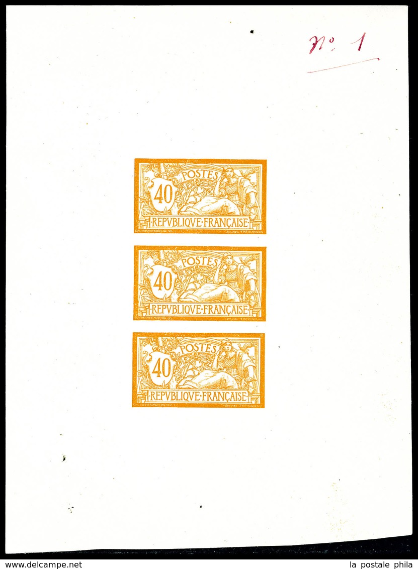 (*) N°119, Merson 40c: épreuve En Orange Et Bleu Sur Feuillet En Bande De 3, N°1 Inscrit En Marge à La Plume. R.R. SUPER - 1900-02 Mouchon