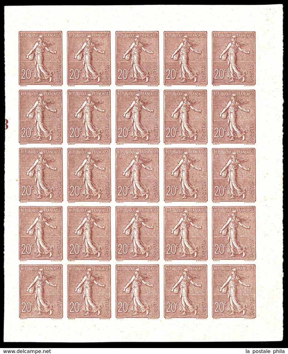 (*) N°131, Semeuse 20c Brun-clair, Essai De Couleur En Panneau De 25 Exemplaires Avec Millésime '3'. SUPERBE. R.R. (cert - 1900-02 Mouchon