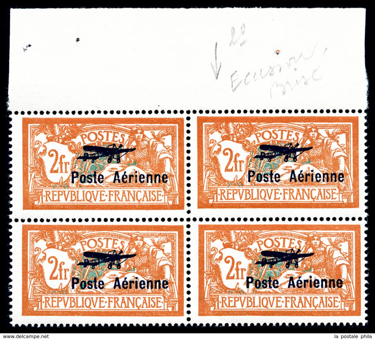 ** N°1a, Merson, 2F Orange Et Vert-bleu, Coin De L'écusson Cassé Tenant à Normaux En Bloc De Quatre, Haut De Feuille, R. - 1927-1959 Postfris