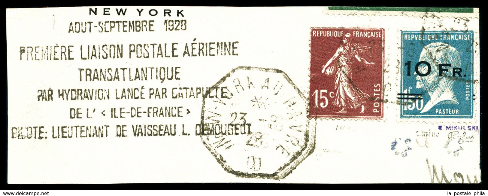 O N°4, Pasteur 10F Sur1F50 Bleu Surchargé à Bord Du Paquebot 'Ile De France' Très Bon Centrage (+N°189) Sur Son Support  - 1927-1959 Postfris