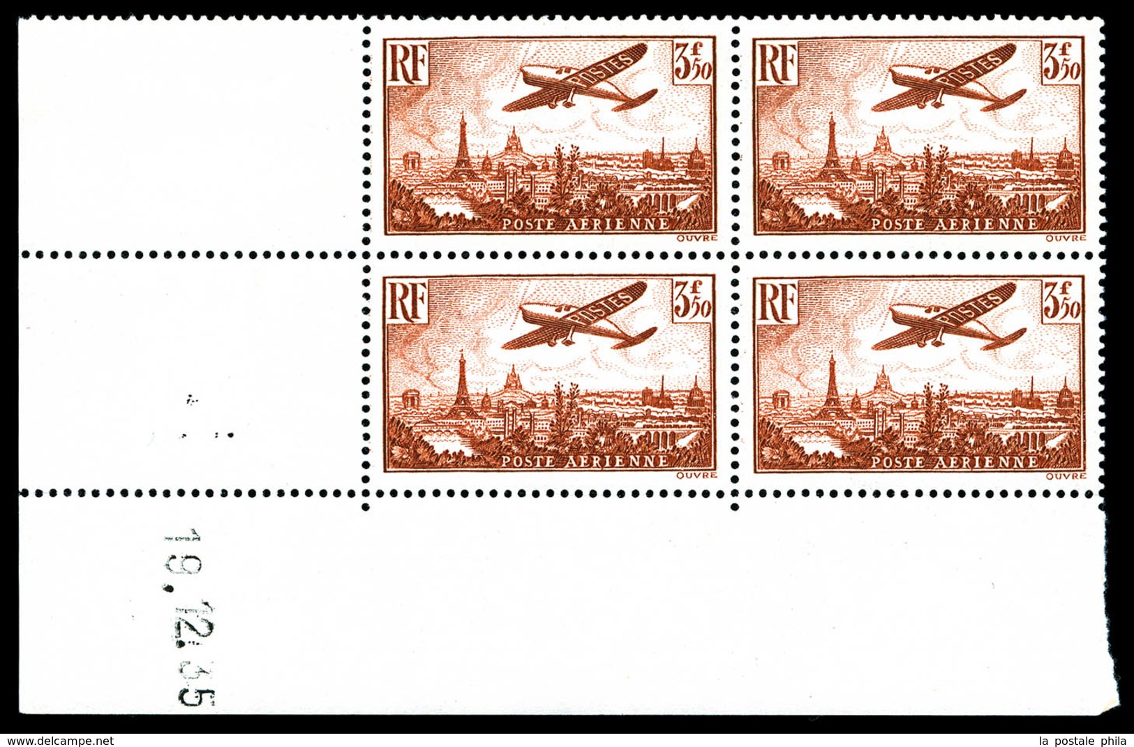 ** N°8/13, Série Avions Survolant Paris, Les Six Valeurs En Bloc De Quatre Coin De Feuille Daté, TB (certificat)  Qualit - 1927-1959 Mint/hinged