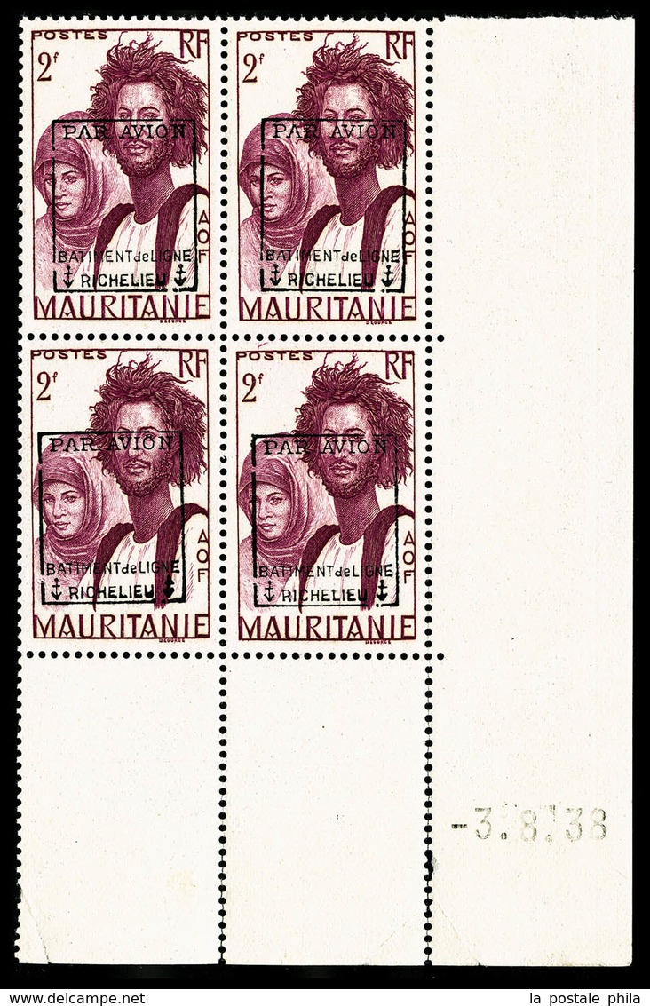 ** N°4, Timbre De Mauritanie, 2F Lilas-rose (N°90) Surchargé 'BATIMENT DE LIGNE RICHELIEU' En Bloc De Quatre Coin De Feu - Military Airmail