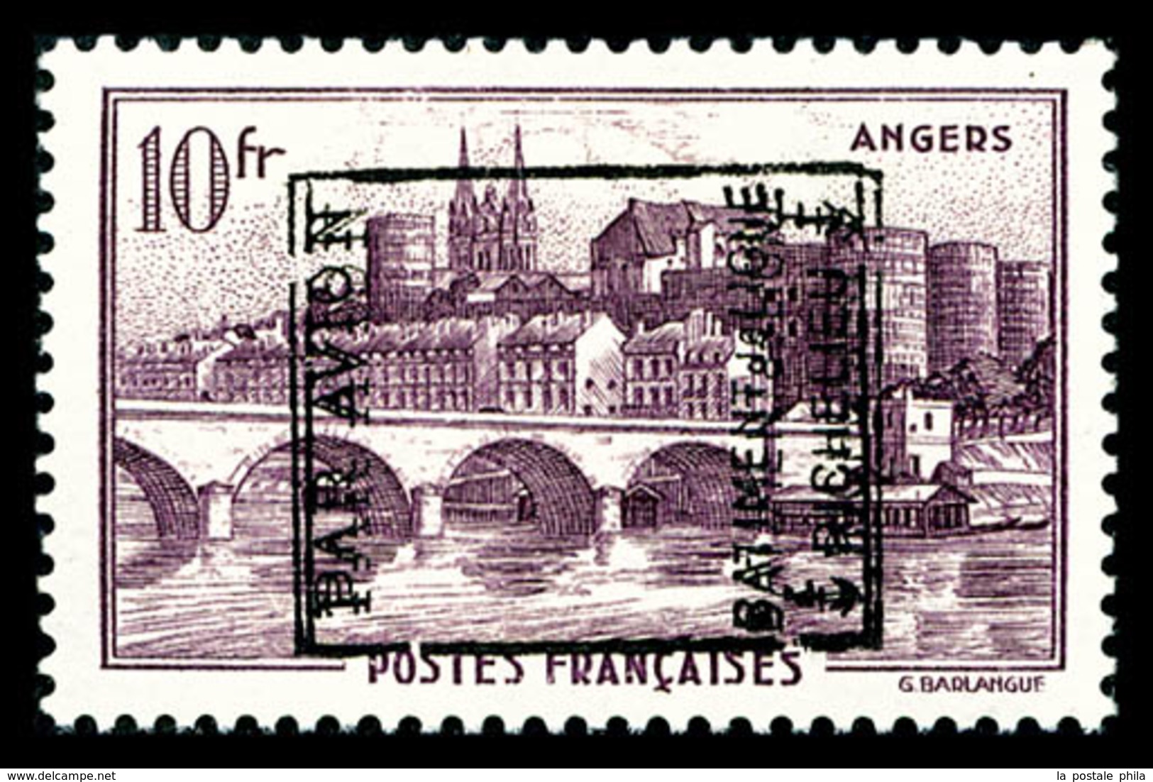 ** N°10, Timbre De France: Angers (N°500), 10F Violet, Double Surcharge 'PAR AVION RICHELIEU', Superbe, R.R. (certificat - Military Airmail