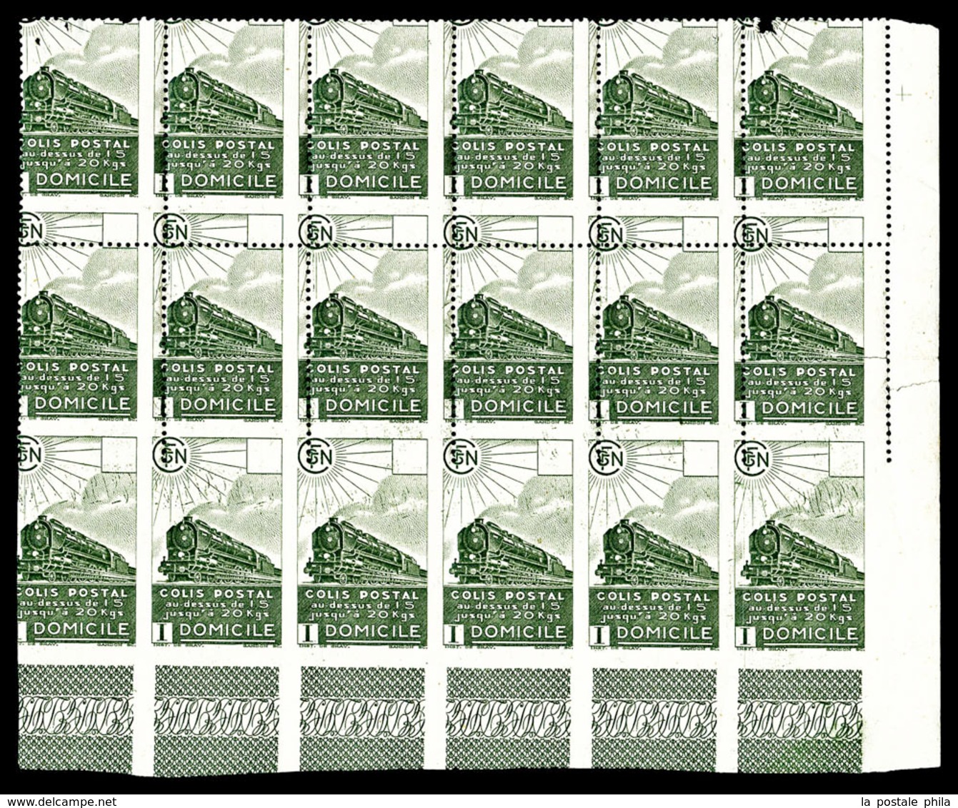 ** N°176, Livraison à Domicile (4f 20) Vert-foncé, Exceptionnelle Variété De Piquage Décalé Partiel Sur Bloc De 18 Exemp - Mint/Hinged