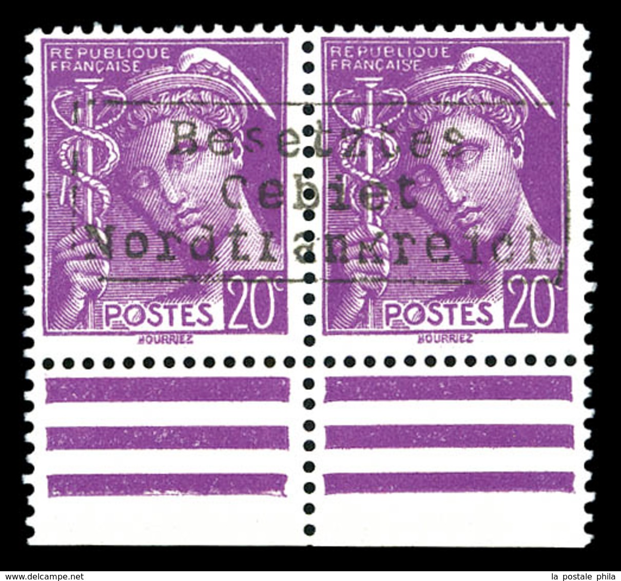 ** Mercure 20c Lilas En Paire Surchargée Coudekerque, Bdf. TTB (certificat)  Qualité: **  Cote: 650 Euros - War Stamps