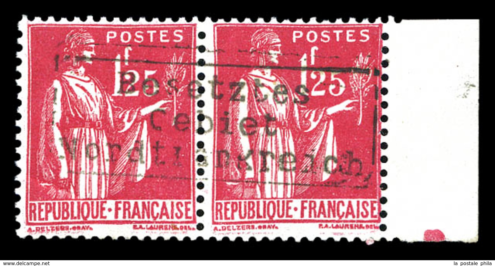 * Paix 1f Rose-rouge En Paire Surchargée Coudekerque, Bdf. TTB (certificat)  Qualité: *  Cote: 450 Euros - War Stamps