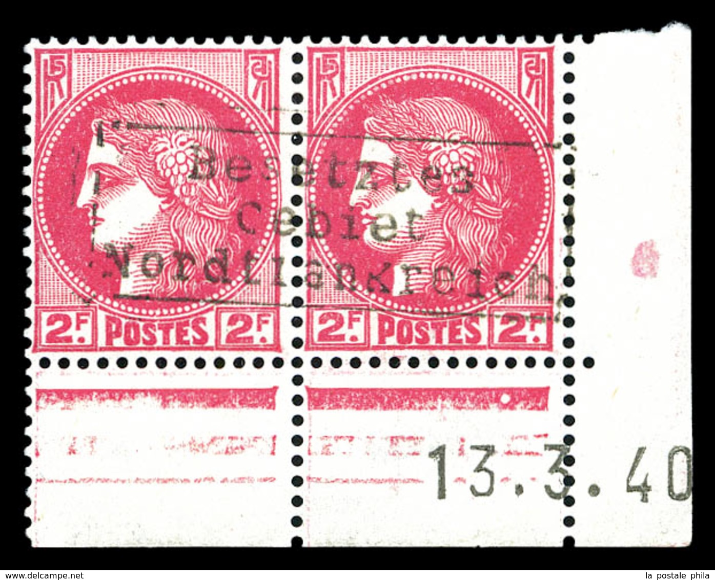 * Cérès 2f Rose-rouge Surchargé Coudekerque Cdf Daté. TTB (certificat)  Qualité: *  Cote: 450 Euros - War Stamps