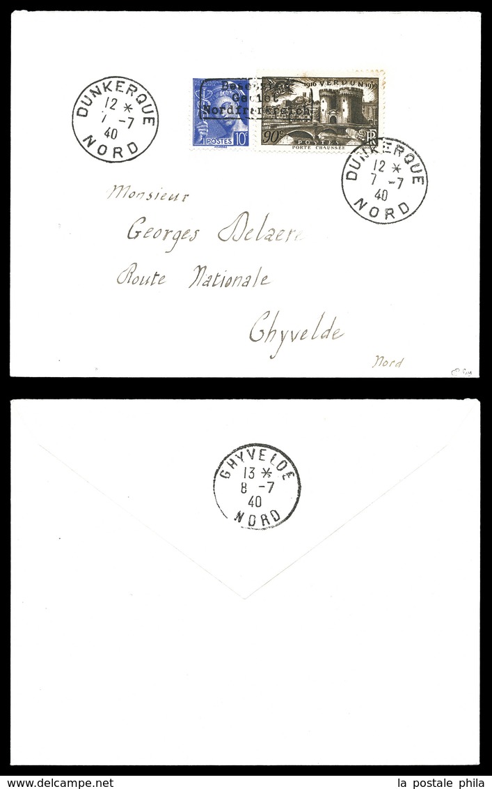 O N°407 + 445 (10c +90c=1f) Surchargé Dunkerque Sur Lettre Obl Càd Dunkerque Nord Le 7 Juil 1940. TTB (signée Calves/cer - War Stamps